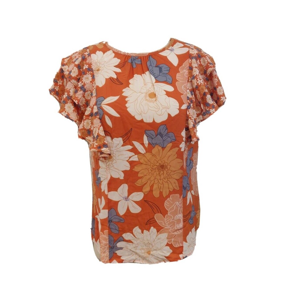 DR2 NEW Women's Blouse Ruffle Short Sleeve Orange Floral Size Small.
